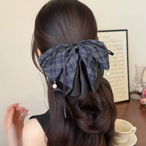 Elegant navy plaid bow hair clip with pearls for women, stylish ponytail accessory