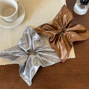 Lot de chouchous en satin à pois avec nœud en bleu-gris clair et marron rétro vintage