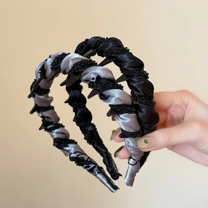 Serre-têtes en satin torsadé avec perles noir et gris argenté, design antidérapant chic