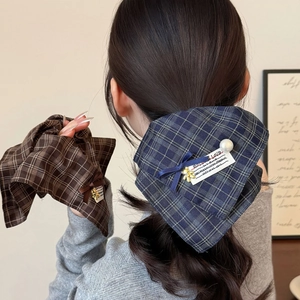 Korean Plaid Fabric Scrunchie Large Bow Hair Tie With Metal Bear Pendant Artificial Pearl Preppy Style Hair Accessories For Women