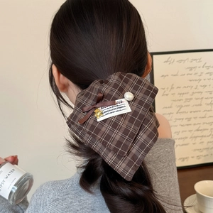 Maillard brown plaid bow hair scrunchie with cute bear pendant and pearl detail