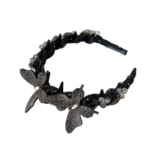 Serre-tête papillon en cristal brillant avec ruban de satin noir pour coiffure chic