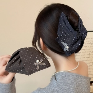 Pince à Cheveux en Tissu à Pois Style Hepburn Français Vintage Grand Nœud avec Künstliche Perle Élégante Pince Crabe Femme Bijoux