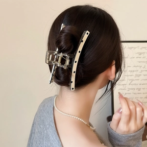 Elegant large polka dot hair claw clip for women, beige hair styling accessory for updos