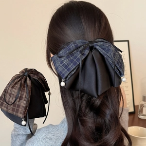 Vintage Plaid Bow Hair Clip Large Satin Splicing Ponytail Clip With Artificial Pearl Pendant Elegant Hair Accessories For Women