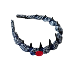 Serre-tête en tissu à carreaux bleu et blanc avec piques noires et boutons décoratifs
