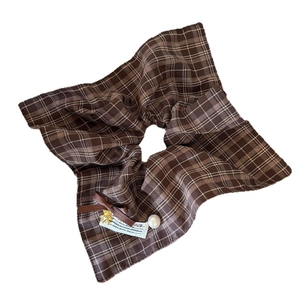Brown plaid oversized scrunchie with bow, golden bear charm and pearl detail