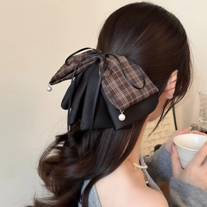 Brown plaid and black satin bow hair claw clip with pearls for thick hair accessories