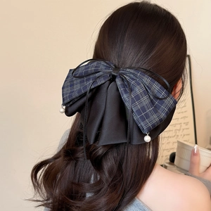 Elegant plaid and satin double bow hair claw with pearl pendants for women's hairstyle
