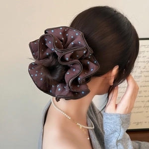 Maillard brown polka dot scrunchie with ruffles for women's high ponytail hairstyles