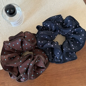 Maillard vintage polka dot scrunchie set in dark blue and brown fabric for high ponytails