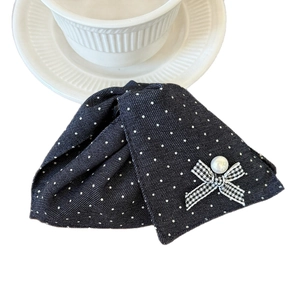 Pince à cheveux style français à pois en denim avec perles et nœud décoratif