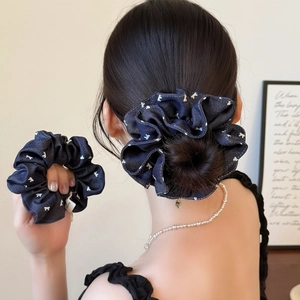 Navy Blue Denim Fabric Hair Scrunchies With White Bow Patterns Large Pleated Ponytail Holders For Women Casual Hair Ties