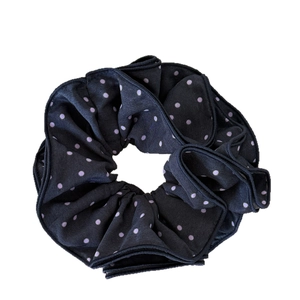 Maillard vintage black polka dot scrunchie with lavender spots and ruffled satin finish