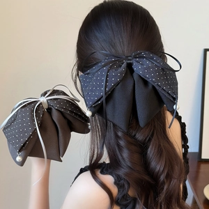 French Vintage Polka Dot Bow Hair Clip Elegant Artificial Pearl Pendant Large Ponytail Clip Sweet Fabric Hairpin For Women Daily Accessories
