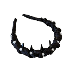 Elegant black fabric headband with white faux pearls and black spikes for women