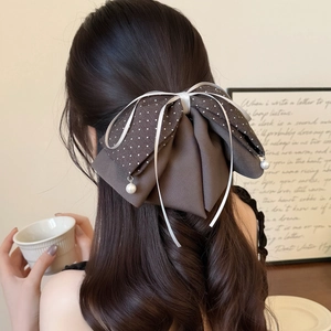 Elegant French style dark brown polka dot bow hair clip with pearl chain charms