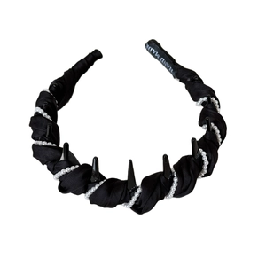 Serre-tête en tissu noir élégant avec perles blanches et dents antidérapantes tressées