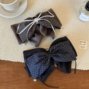 French retro oversized polka dot bow hair claw with pearl pendant and denim texture