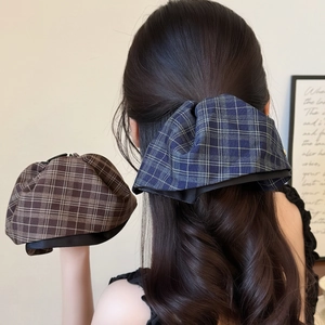 British Vintage Plaid Fabric Bow Hair Claw Clip For Women Large Pleated Ponytail Clip Autumn Winter Hair Accessory