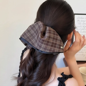 British style brown plaid bow hair clip for women, vintage autumn ponytail accessory
