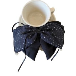 French style polka dot bow hair claw clip with black ribbons and pearl pendants