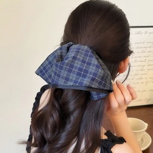 British style blue plaid bow hair claw clip for women's elegant ponytail hairstyles