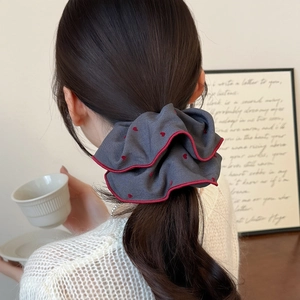 Retro navy blue oversized fabric scrunchie with red hearts and edge stitching decoration