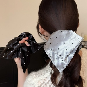 Glossy Satin Polka Dot Scrunchies With Ribbon Bowknot Elastic Hair Ties For Women Korean Style Pleated Hair Band Headwear