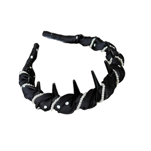 Black polka dot ruched headband with white pearls and anti-slip teeth for women