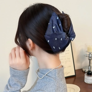 Women Navy Blue Denim Bow Hair Claw Clip Large Rabbit Pattern Fabric Shark Clip Retro Hair Accessories For Women Girls