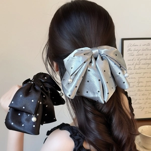Elegant Satin Polka Dot Bow Hair Claw Clip With Faux Artificial Pearl Pendant Vintage Large Hair Accessory For Women Party Hair Styling