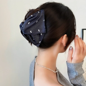 Navy blue denim shark hair claw clip with white rabbit pattern for women hairstyle
