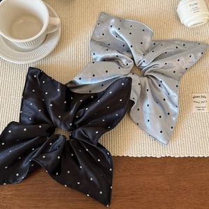 Satin polka dot scrunchie with square scarf wings in black and silver grey styles