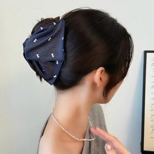 Large navy denim bow hair claw clip with white bunny prints for women's hairstyles