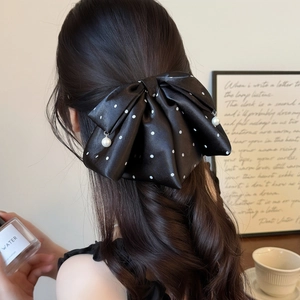 Elegant black polka dot bow hair claw clip with pearl pendants for women's hairstyles