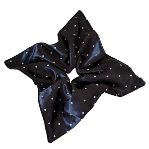 Chic black satin scrunchie with white polka dots and pleated texture for women