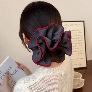 French vintage dark gray oversized heart print hair scrunchie with red piping trim