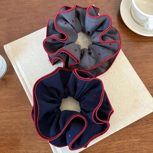 Elegant four-layer heart pattern scrunchie set with red scalloped edges in grey and navy