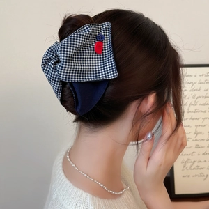 Vintage blue plaid fabric hair claw clip with colorful buttons for women's hairstyles