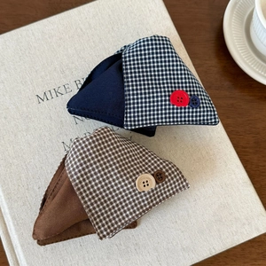 Vintage plaid fabric hair claw clip set in navy and brown with decorative buttons