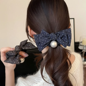 Chouchou avec Nœud à Pois et Grosse Künstliche Perle Bandeau Élastique Accessoires de Coiffure Doux pour Femmes Styling Quotidien