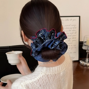 Korean Style Vintage Paisley Printed Double Layer Scrunchie Navy Blue Red Contrast Color Elastic Large Hair Tie For Women French Ponytail Decoration