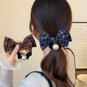 Vintage Plaid Bowknot Hair Scrunchie Fabric Elastic Hair Tie With Large Faux Artificial Pearl Sweet Hair Accessories For Women