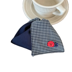 Vintage blue gingham triangle hair claw clip with Faith & Hope buttons and fabric texture