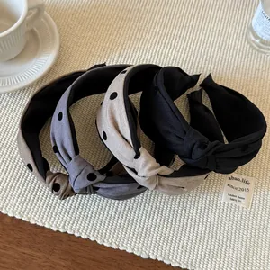 Set de diademas de nudo con lunares en tela negra, gris, beige y marrón para mujer