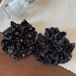 French vintage floral scrunchies set in black with delicate blue and beige flower patterns