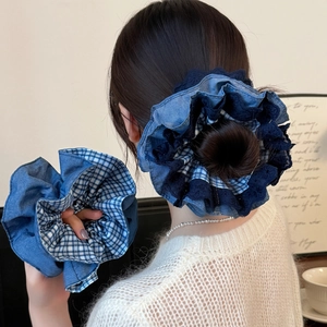 Vintage Blue Plaid Lace Scrunchie Double Layer Denim Fabric Hair Tie Large Ponytail Holder Sweet Hair Accessories For Women