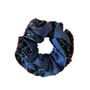 Blue denim paisley scrunchie with red wavy stitching edges for hair styling