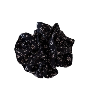 French style double-layer black floral scrunchie hair tie with delicate chiffon texture